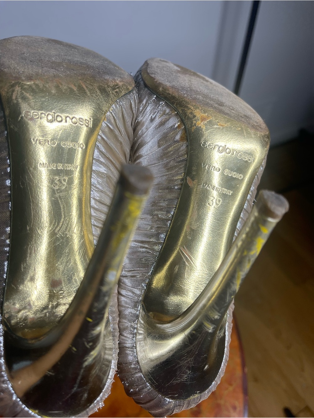 Sergio Rossi Gold Ruched Peep-Toe Heels - Picture 5 of 5